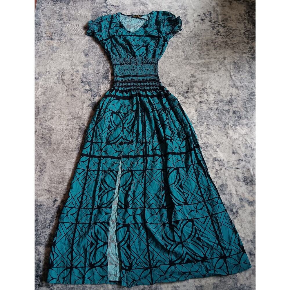 Teal and Black Printed Short-Sleeve Maxi Dress